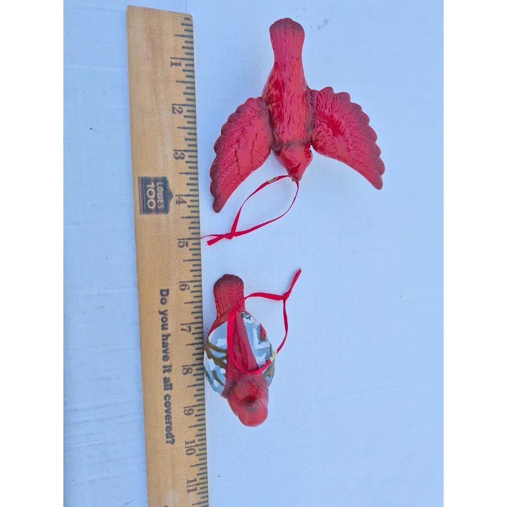 Red Cardinal Christmas Ornaments Set of 2 Winter Scene Hand Painted Bird Decor